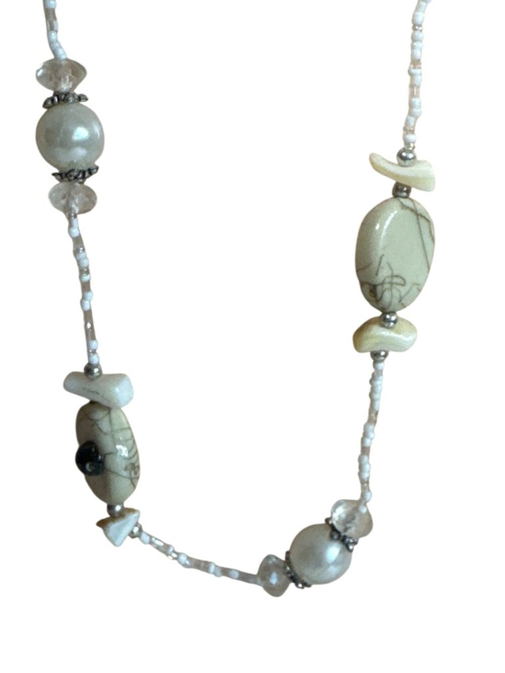 Handmade Beaded Necklace Cream-Colored Stone Beads Faux Pearls Boho Style